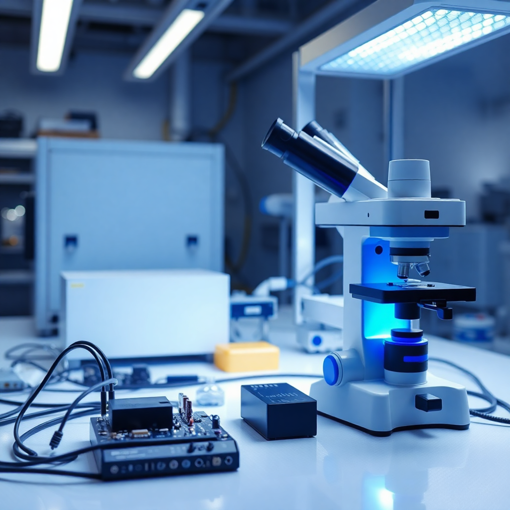 industrial laboratory sterile environment electronic components testing microscope blue lighting